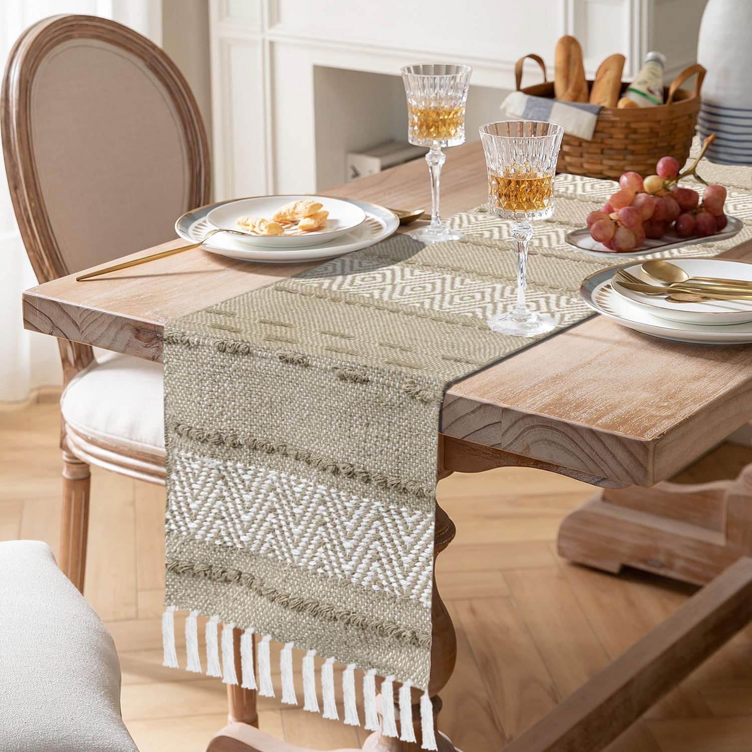 Table Runner with Tassels ZigZag(Elegant Beige & White Woven  13 x 74 Inch)