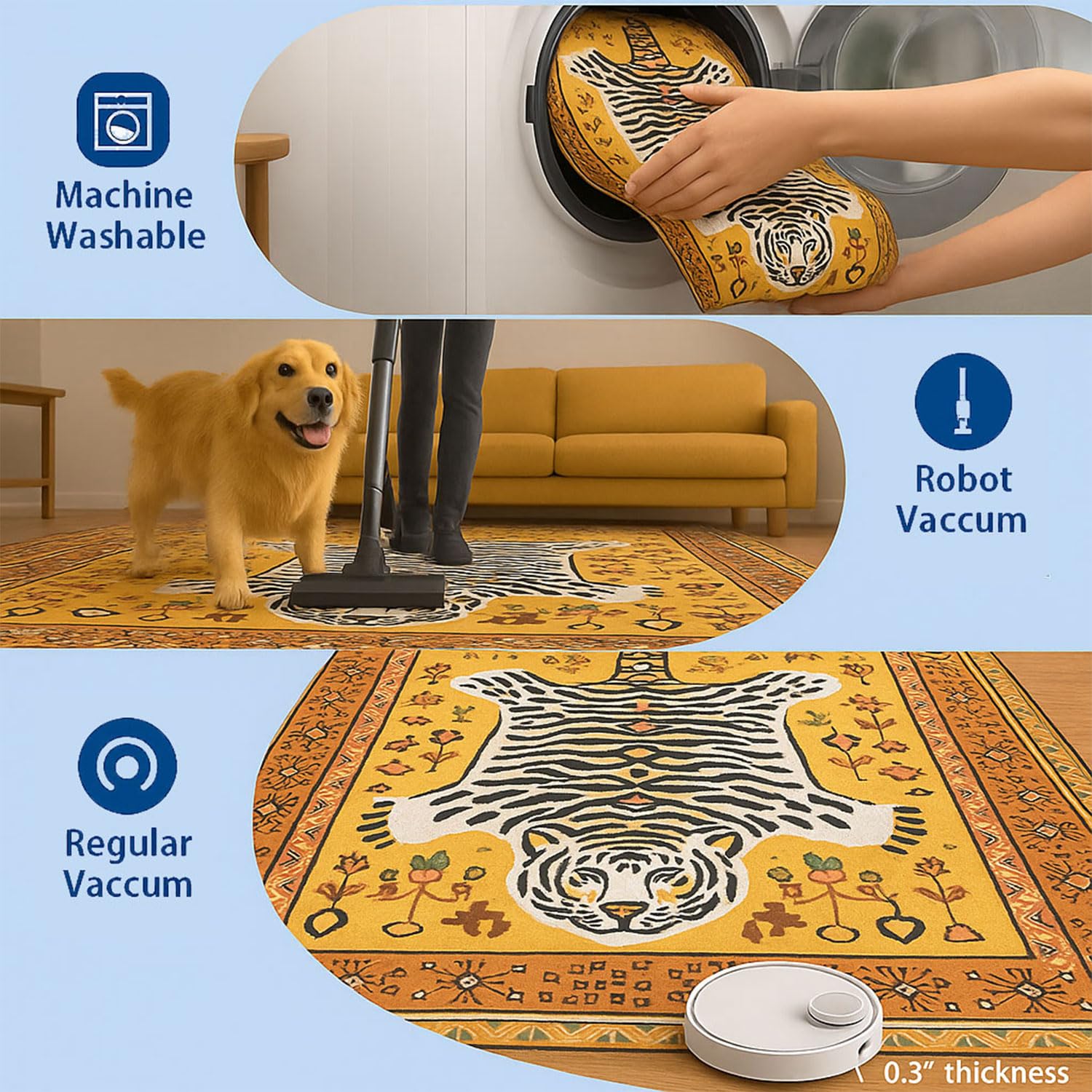 Polyester White Tiger Design Carpets with Tassel Latex Backing (3x5ft, Multi)