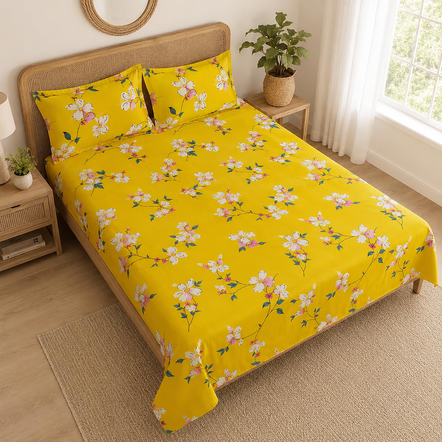 Double Bedsheet With 2 Pillow Covers Floral Pattern 200 TC 100% Cotton Feel ( Queen Size 90x90 Inch Red Set Of 3 )