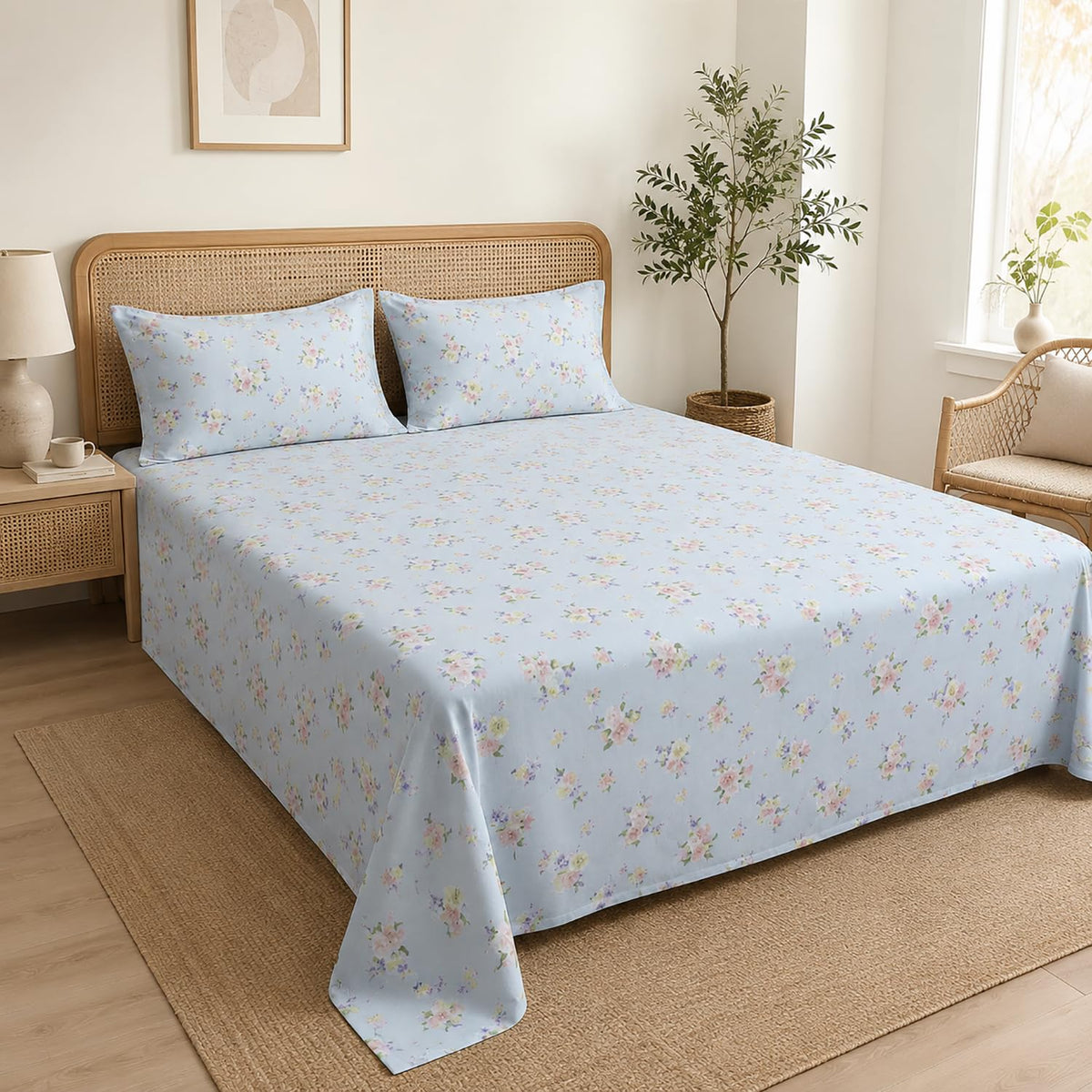Double Bedsheet with 2 Pillow Covers 220 TC 100% Cotton Feel King Size( Blue , 90x100inch )