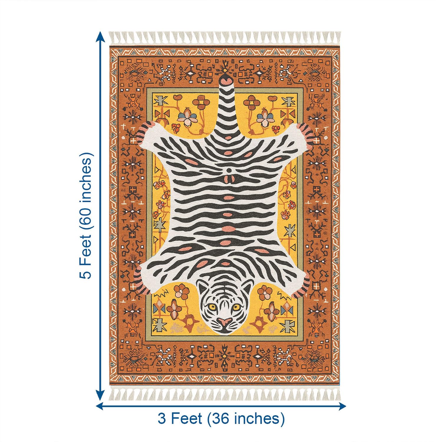 Polyester White Tiger Design Carpets with Tassel Latex Backing (3x5ft, Multi)