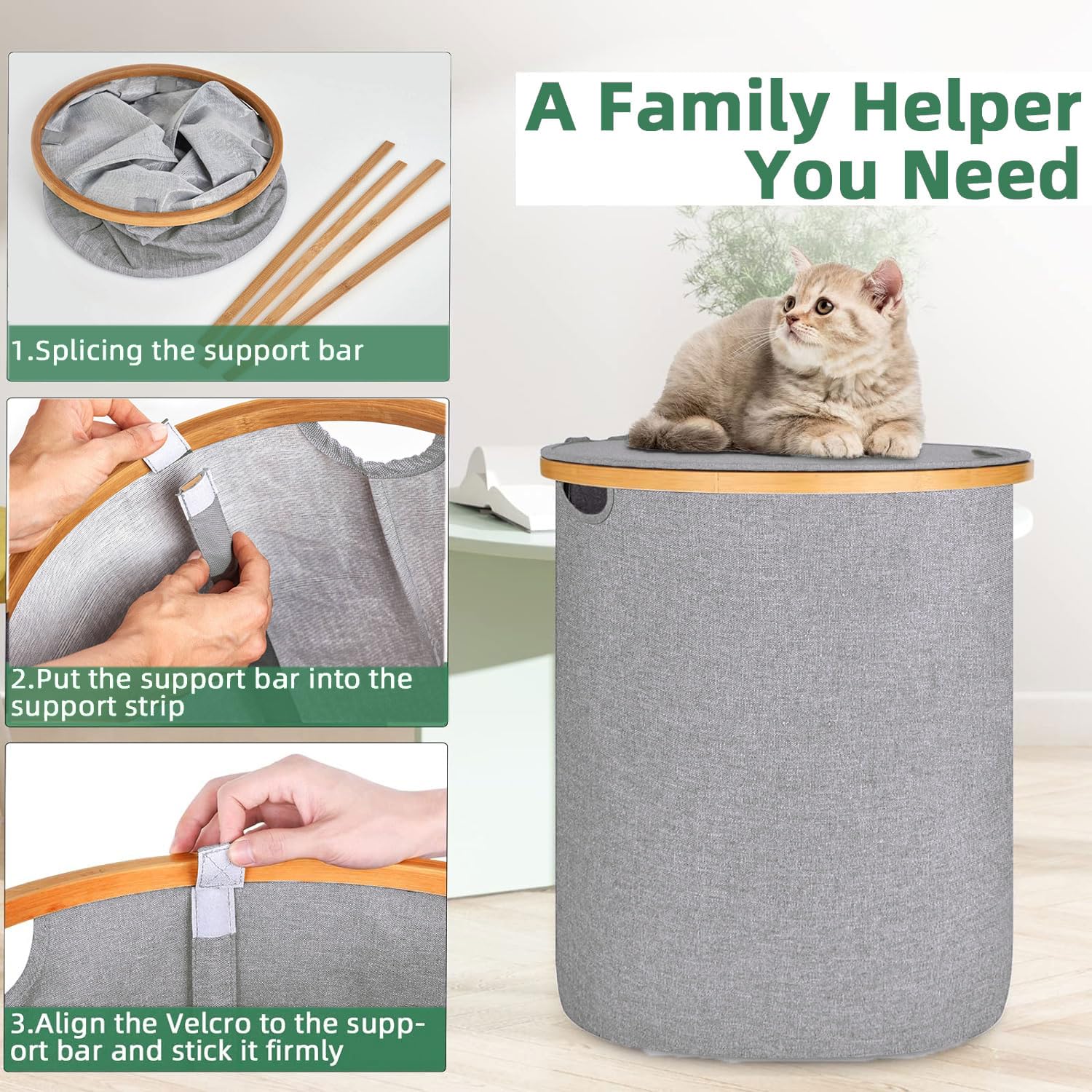 Large Round Fabric Storage Basket with Bamboo Handles (45L x 45W x 50H cm ,Grey )