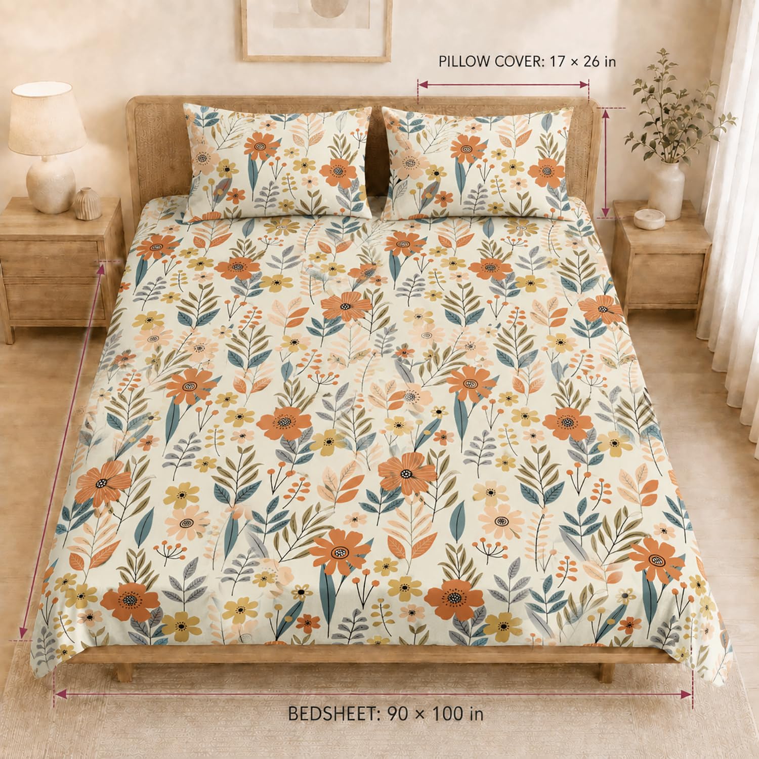 King Size Double Bedsheet with 2 Pillow Covers Premium Autumn Meadow Floral Printed 90x100inch