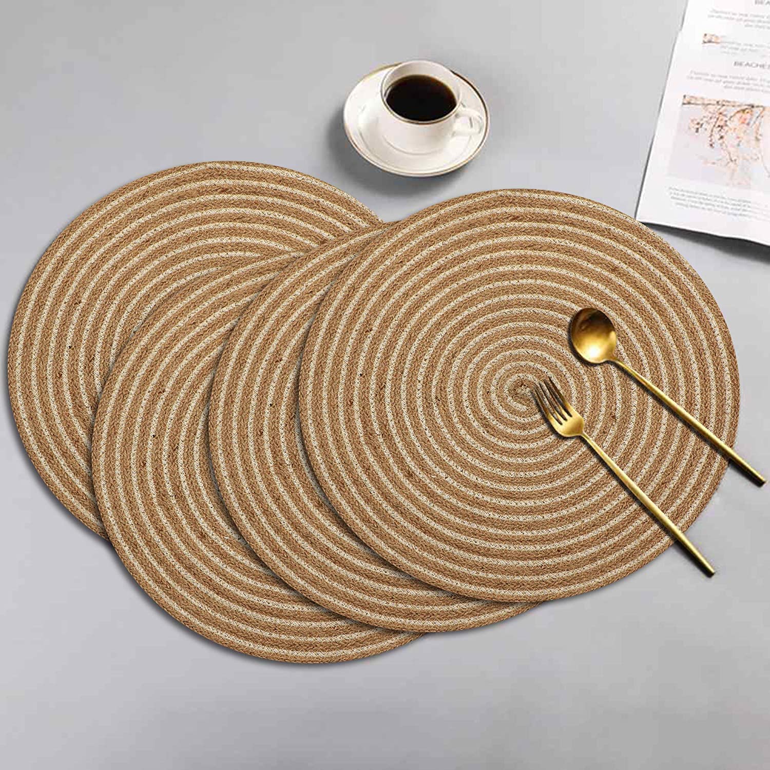 Natural Jute Placemat for Dining Table Set of 4 (Beige, 15x15 Inch)