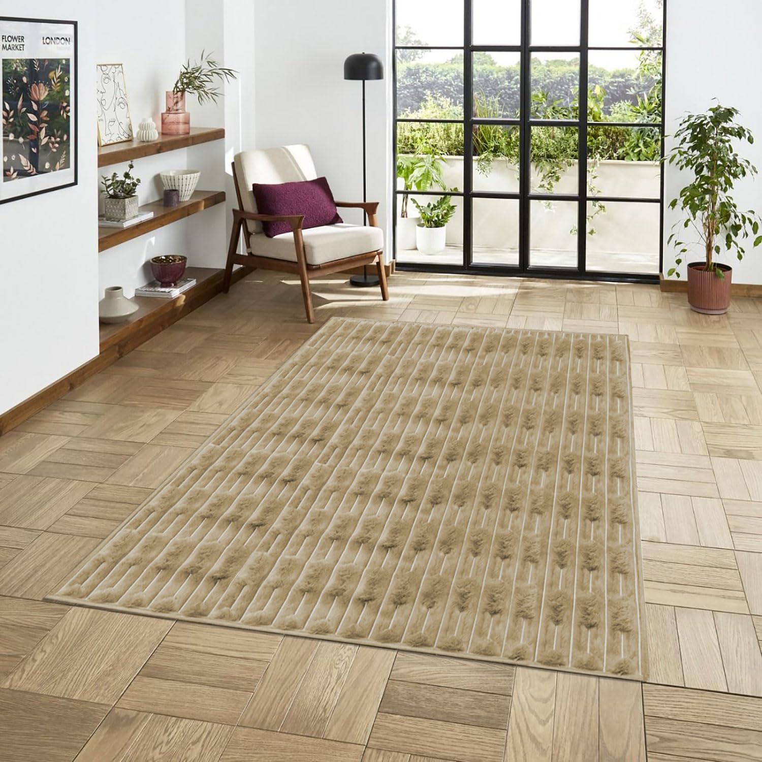 Rabbit Tail Fur Carpet (4x6 Feet, Beige)