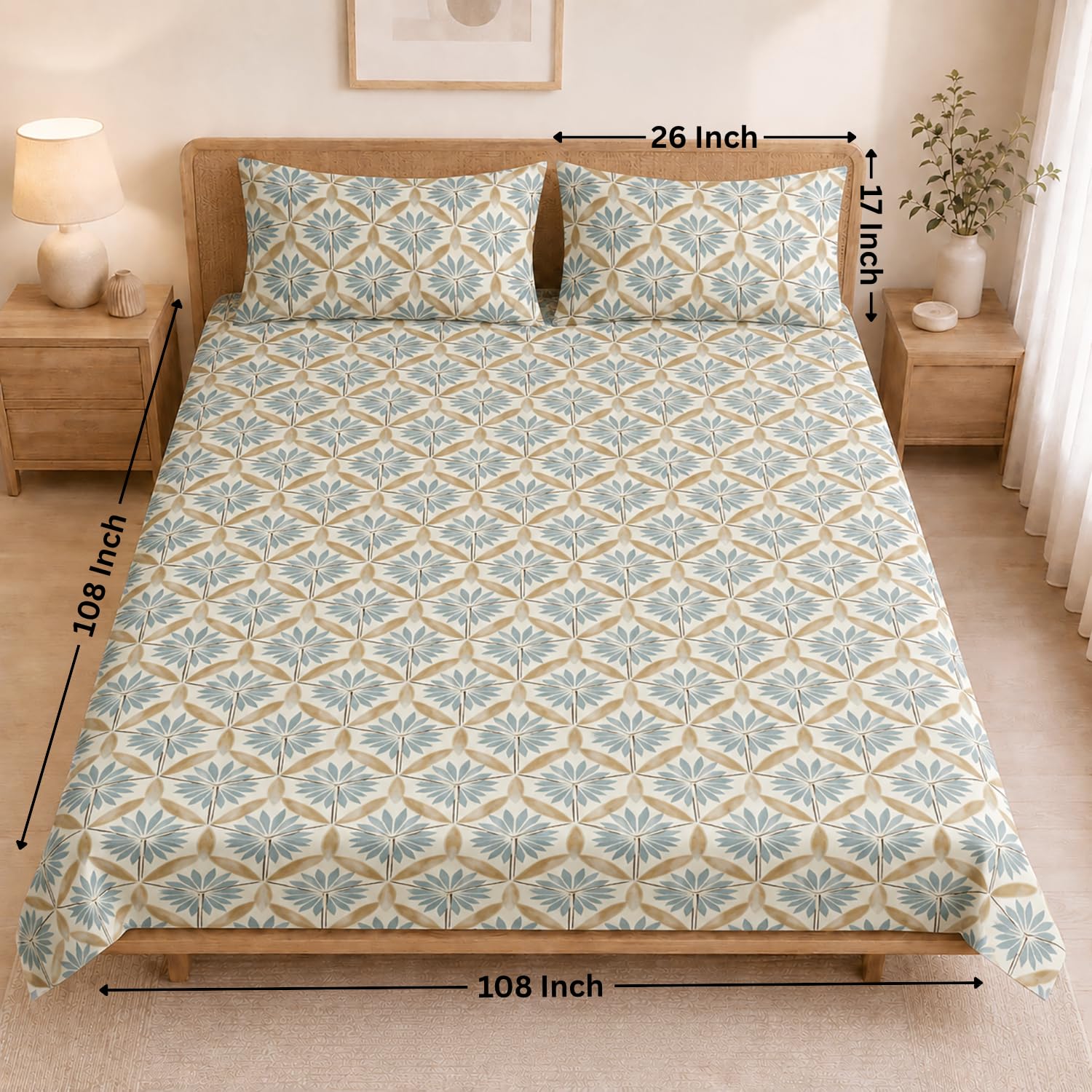 Double Bedsheet with 2 Pillow Covers Premium 240 TC 100% Cotton Feel King Size (108x108 inch King Size, Blue )