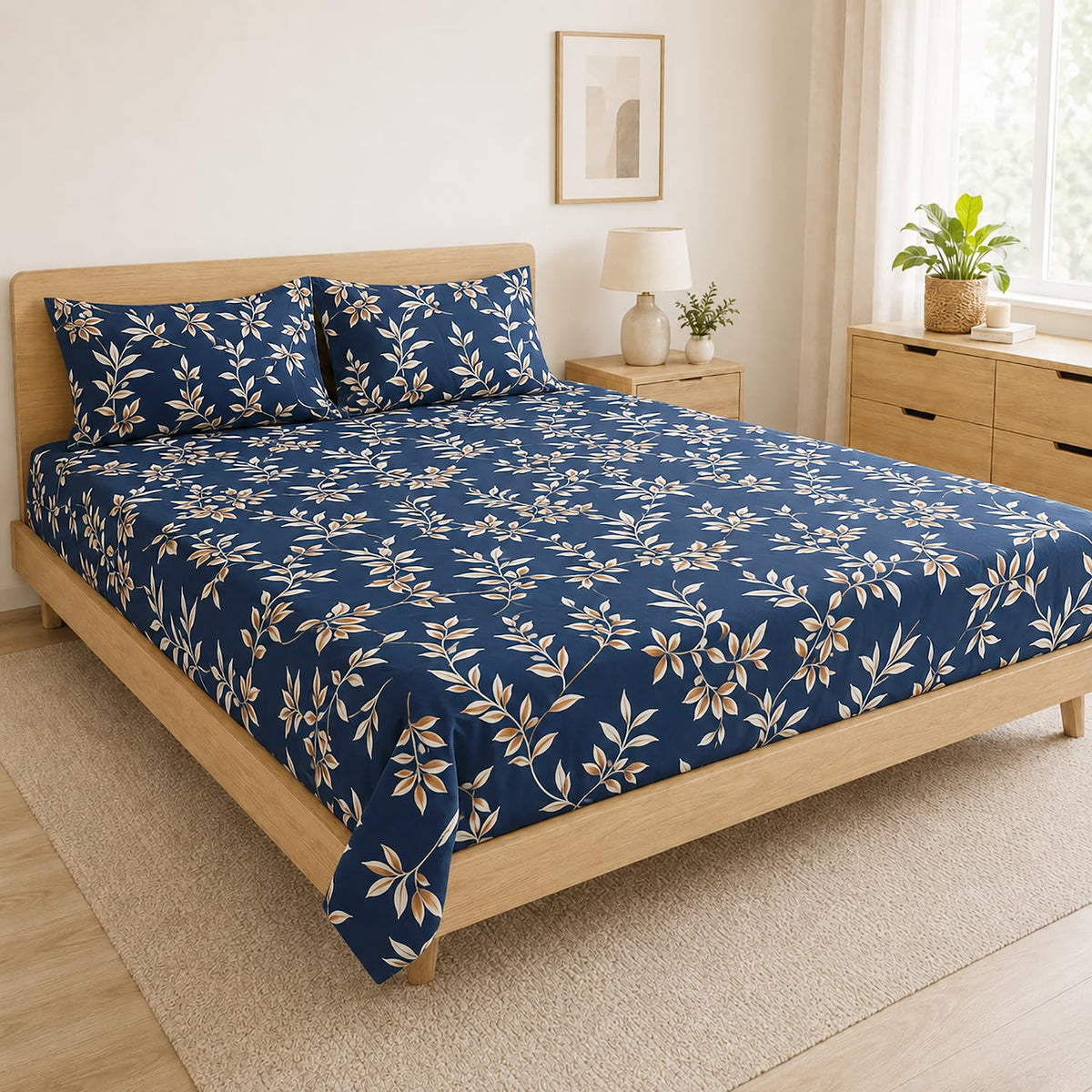 Double Bedsheet With 2 Pillow Covers Lines Pattern 200 TC 100% Cotton Feel ( Queen Size 90x90 Inch White Set Of 3 )
