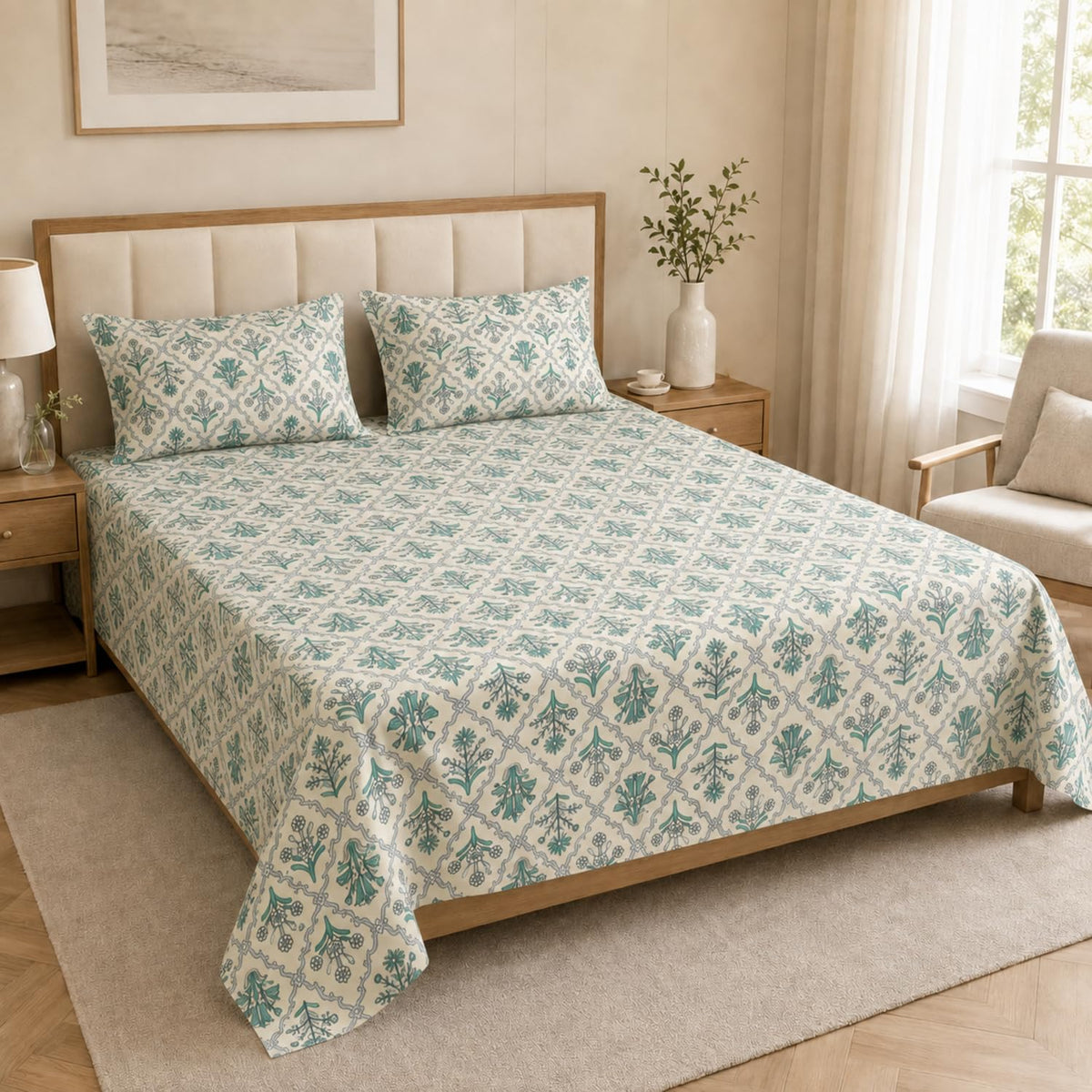 Double Bedsheet with 2 Pillow Covers 220 TC 100% Cotton Feel ( Green , 90x100 inch )