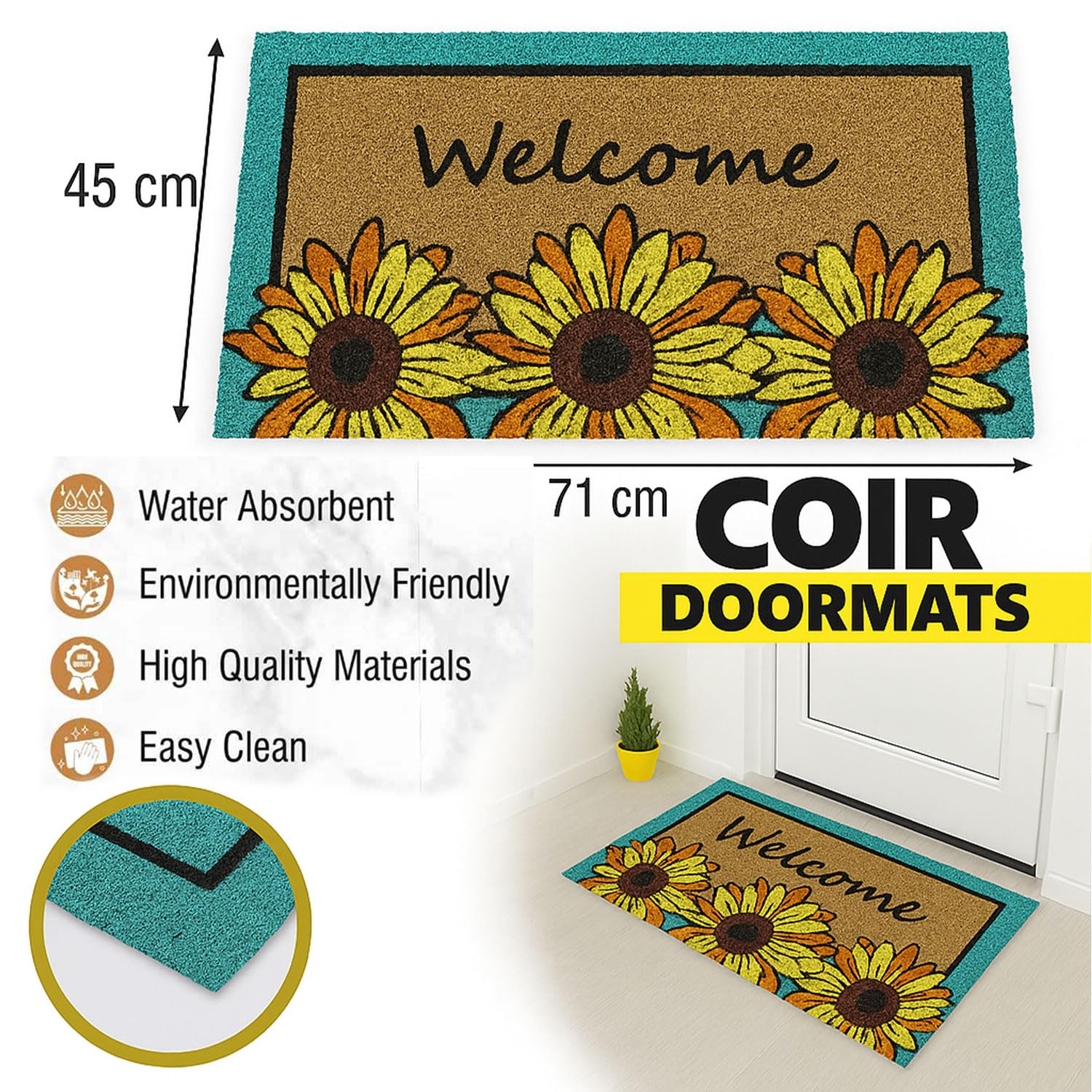 Coir Doormat for Home Entrance (Welcome Floral Print Design ,71x45 cm)