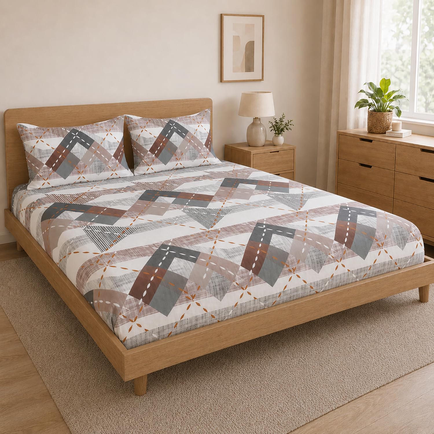 Double Bedsheet With 2 Pillow Covers Triangle Pattern 200 TC 100% Cotton Feel (Queen Size 90x90 Inch Grey Set Of 3 )
