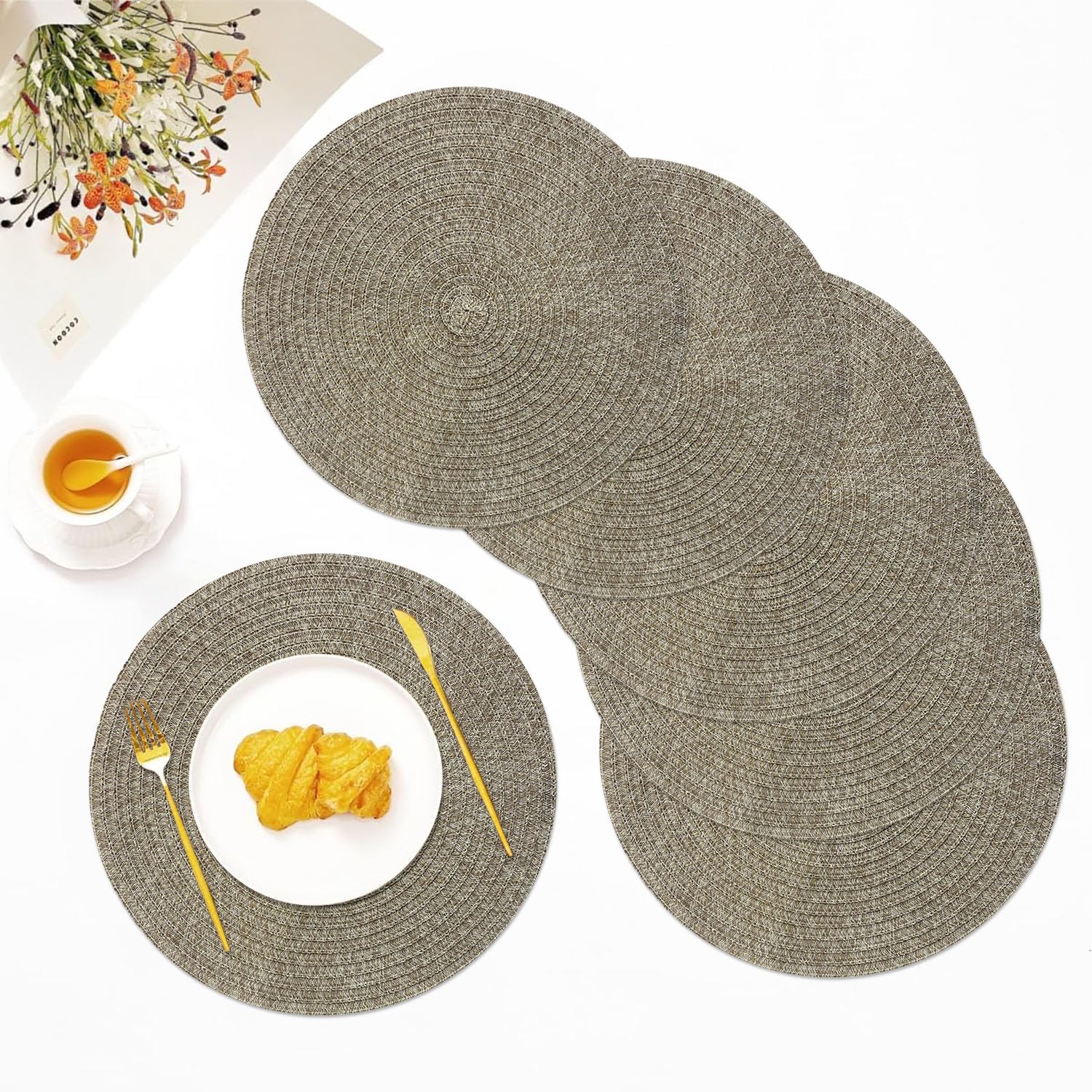 LUXE HOME INTERNATIONAL PVC Vinyl Metallic Table Round Placemats for Dining Table Gold, Heat Resistant & Waterproof | Easy to Clean Decorative Dining Mats - (Set of 6) STP001-JPE