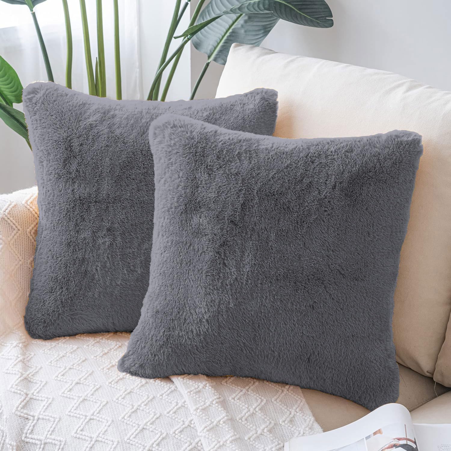 Cushion Cover Duble Side Rabbit Fur Set of 2(16 x 16 inch ,Grey)