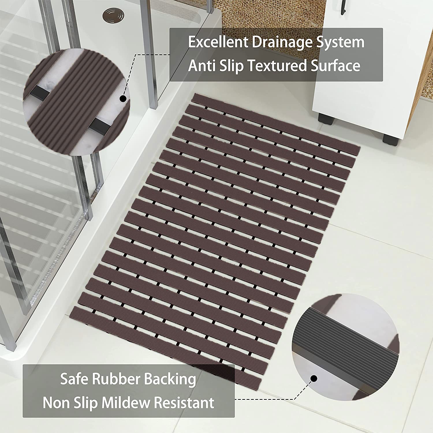 Shower Mat for Bathroom Anti Slip (Chocolate, 17x24 Inch)