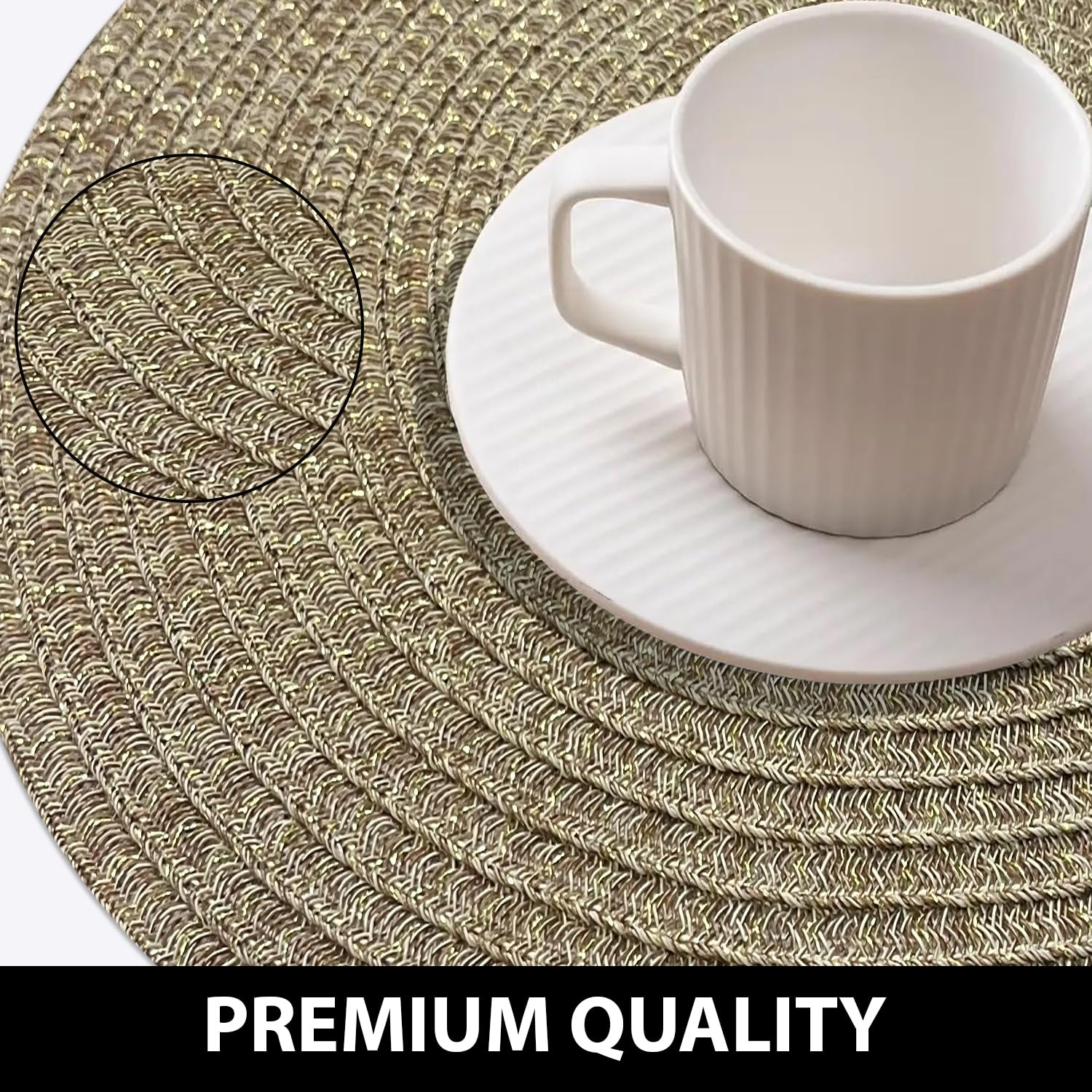 LUXE HOME INTERNATIONAL PVC Vinyl Metallic Table Round Placemats for Dining Table Gold, Heat Resistant & Waterproof | Easy to Clean Decorative Dining Mats - (Set of 4) STP001-JPE