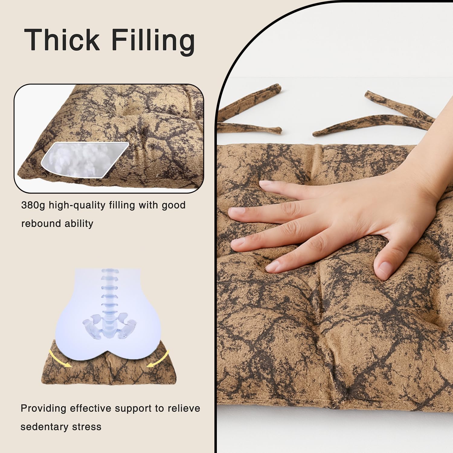 Polyester Chair Cushion Pad, Soft, Comfortable Back Support, Relaxing Backrest Pillow Cushions with Ties for Home, Office, Livingroom - (18x18 Inch, Brown) Pack of 4