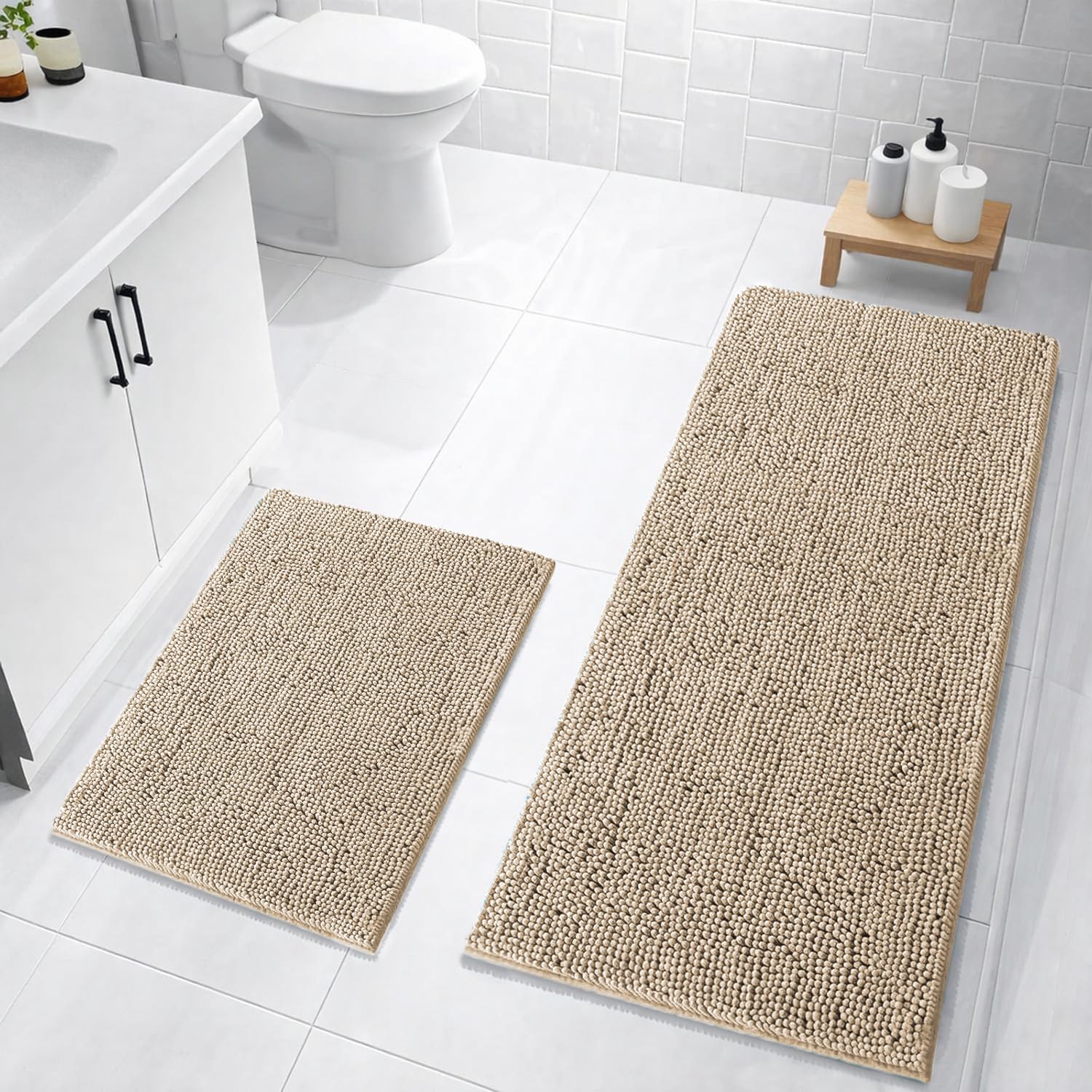 Chenille Super Absorbent Bath Mats  Pack of 2 (40x60cm 60x120cm Beige)