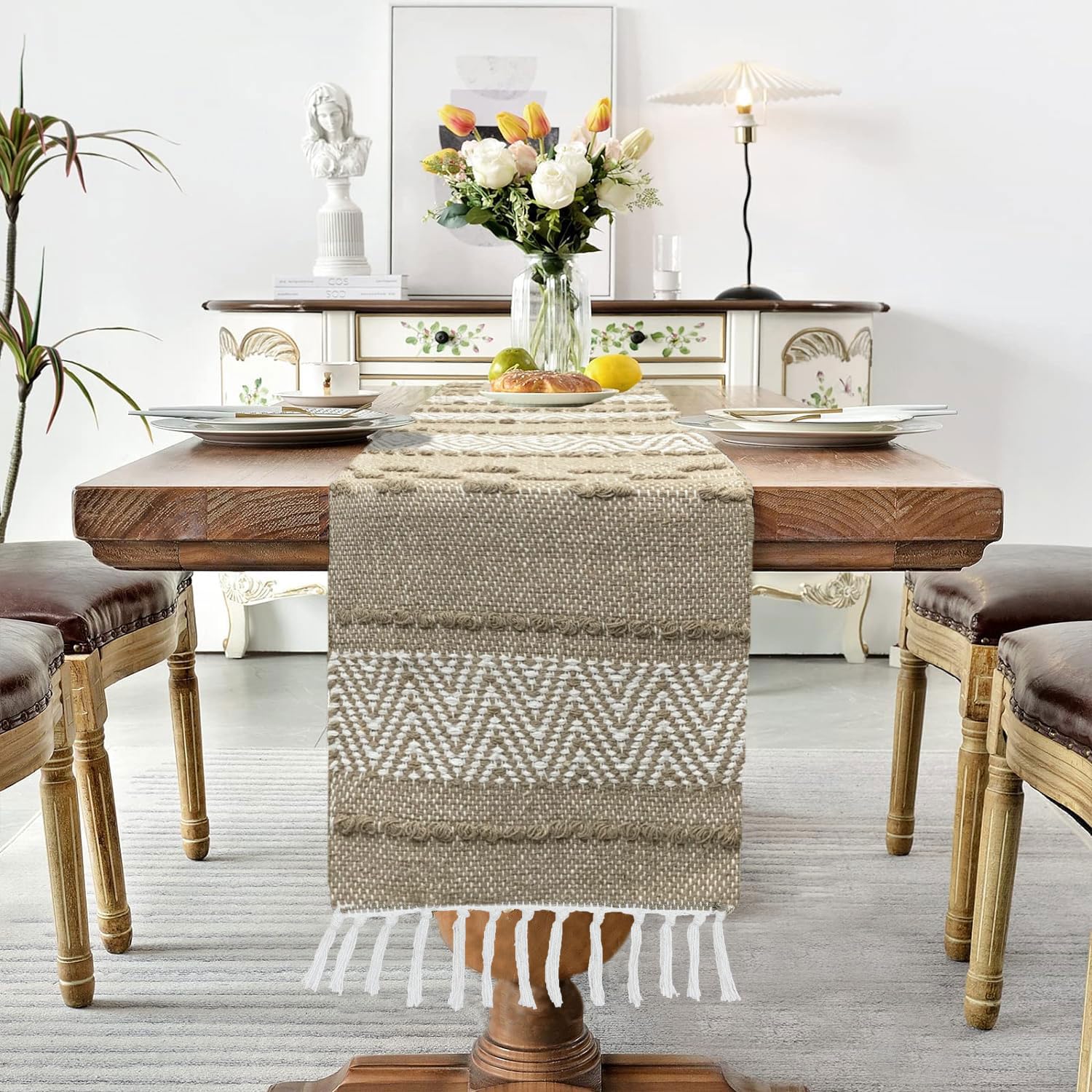 Table Runner with Tassels ZigZag(Elegant Beige & White Woven  13 x 74 Inch)