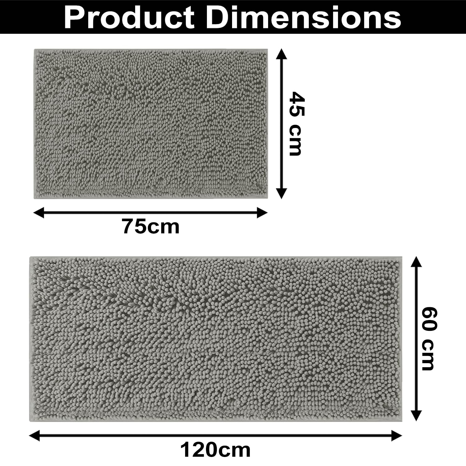 Chenille Microfiber Bath Mats Pack of 2 (45x75cm 60x120cm Grey)
