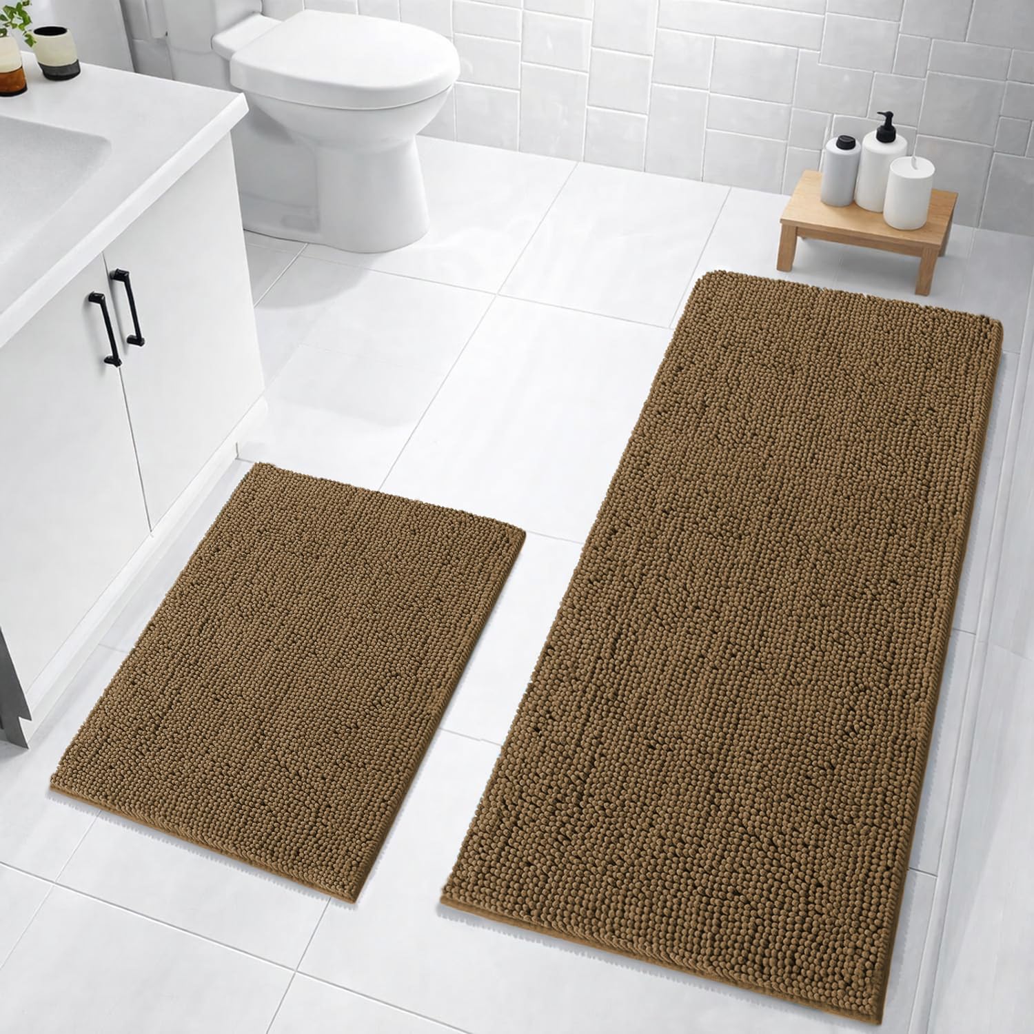 Chenille Super Absorbent Bath Mats  Pack of 2 (40x60cm 60x120cm Chocolate)