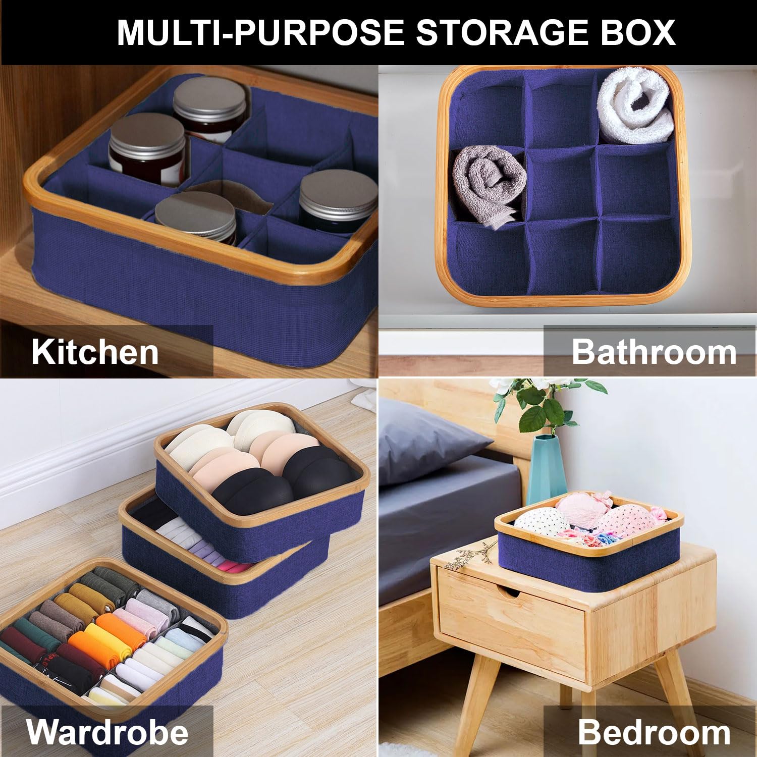 Bamboo Frame Clothes Drawer Organisers with 9 Sections (30x30 cm, Navy Blue)
