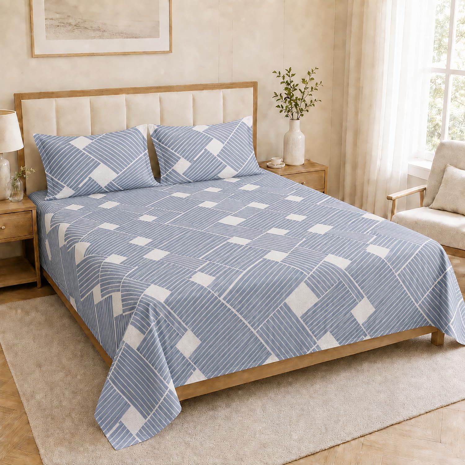 King Size Double Bedsheet with 2 Pillow Covers Premium Sky Grid Weave Printed 90x100inch
