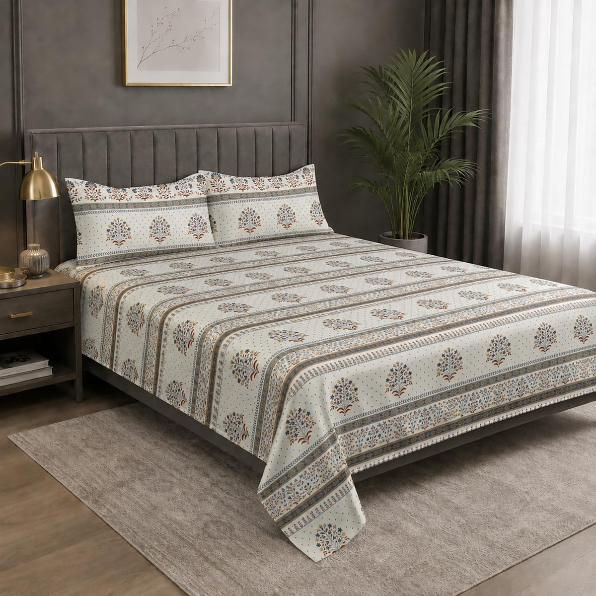 King Size Double Bedsheet with 2 Pillow Covers Premium Floral Stripe Printed 108x108 inch