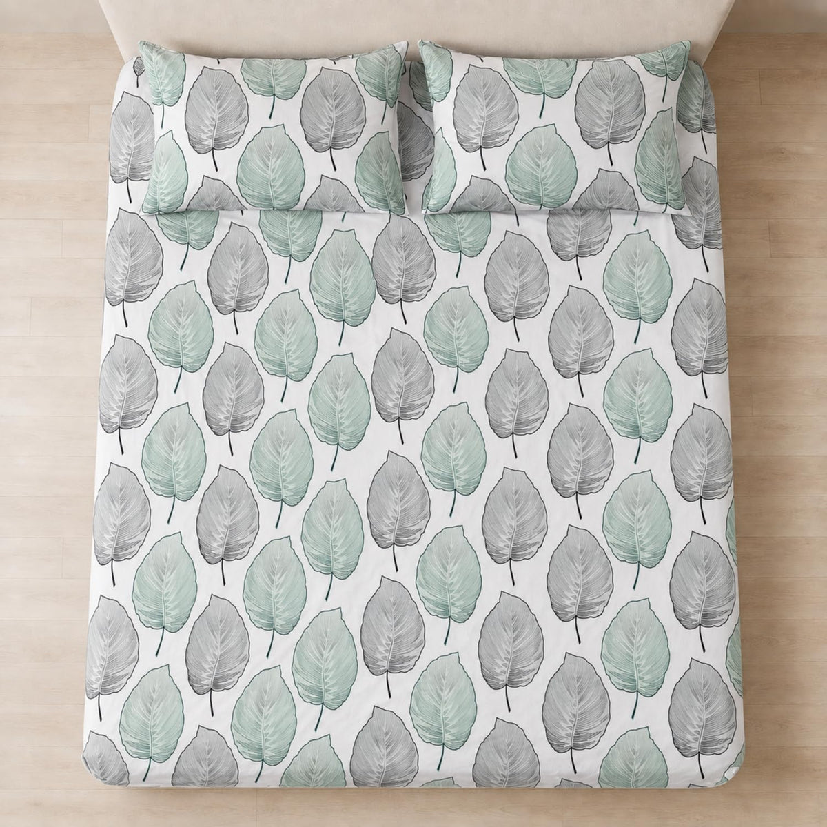 Double Bedsheet with 2 Pillow Covers 220 TC 100% Cotton Feel ( King Size Teal&Grey 90x100inch )