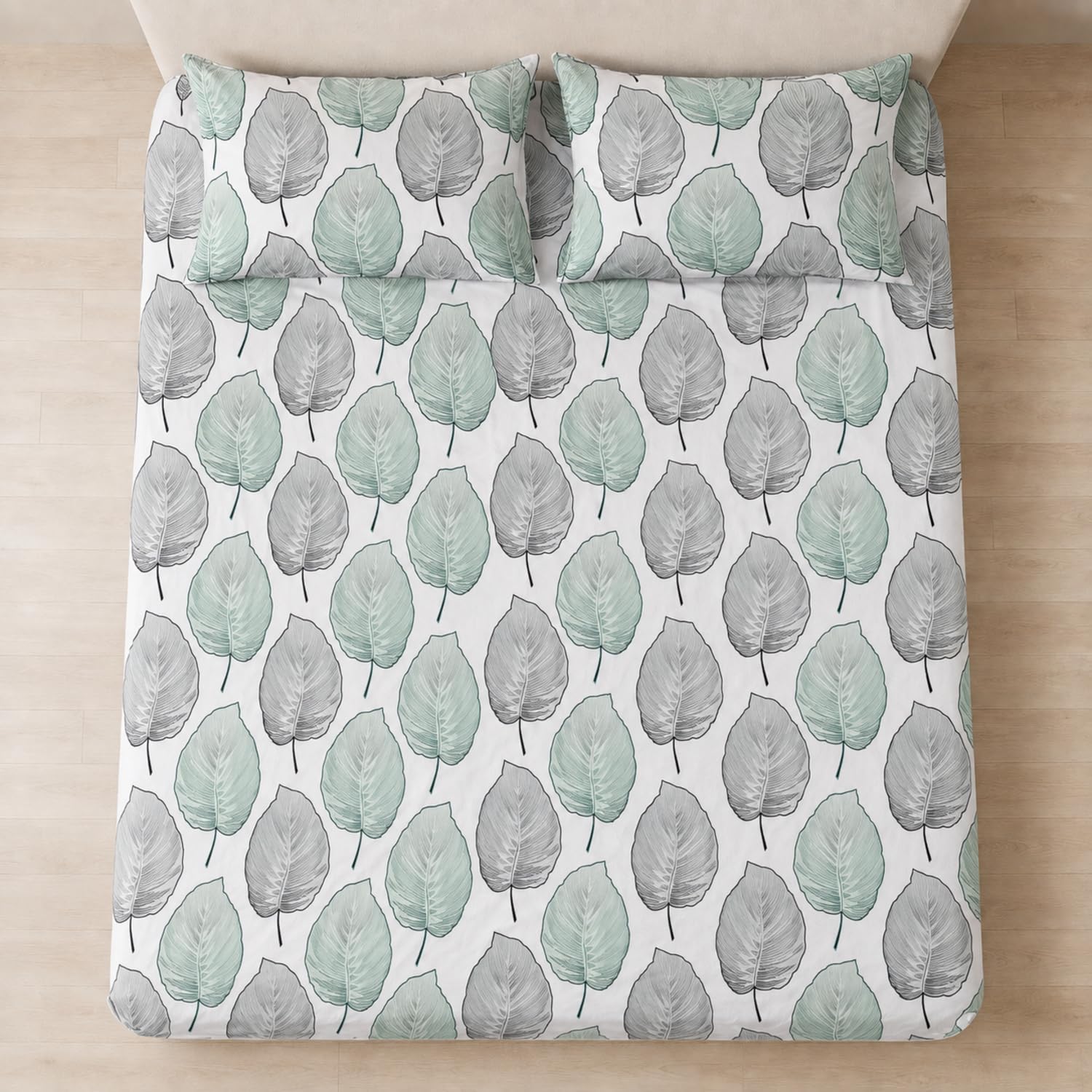 King Size Double Bedsheet with 2 Pillow Covers Premium Mint Leaf Harmony Printed  90x100inch