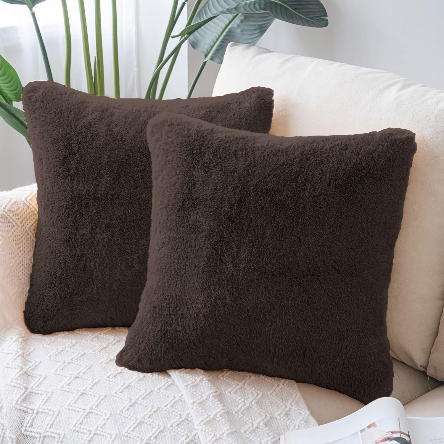 Cushion Cover Duble Side Rabbit Fur Set of 2(16 x 16 inch ,Chocolate)