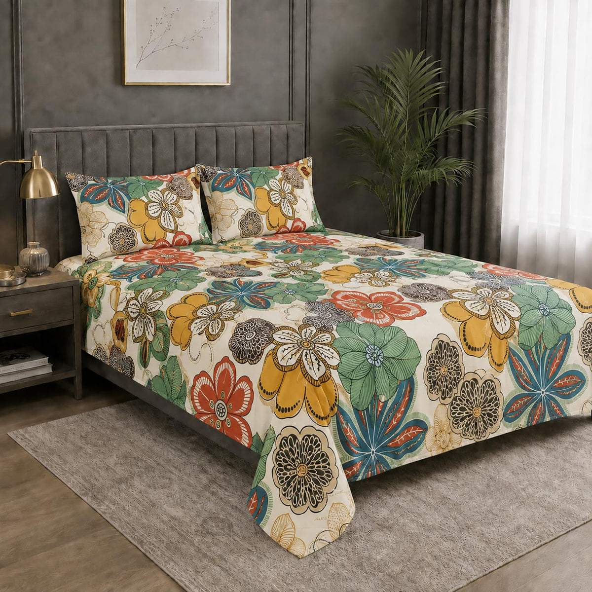 Double Bedsheet with 2 Pillow Covers 220 TC 100% Cotton Feel ( Sage Green , 90x100inch )