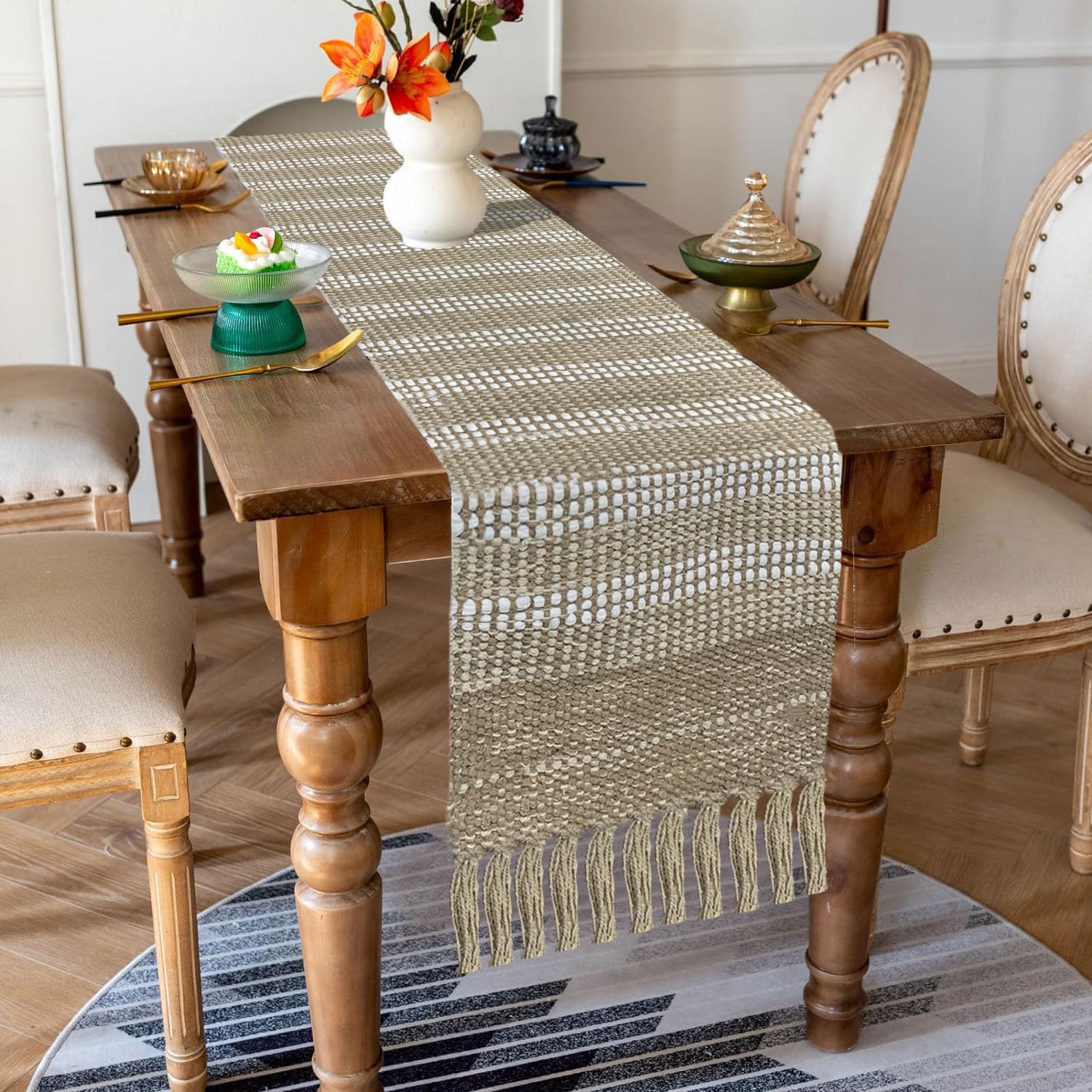 Table Runner with Tassels Stripe(Elegant Beige & White Woven  13 x 74 Inch)
