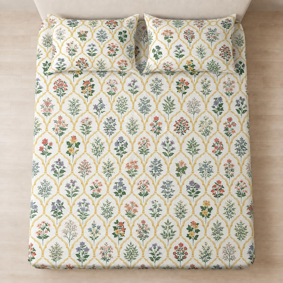 King Size Double Bedsheet with 2 Pillow Covers Premium Golden Arch Garden Printed 90 x 100