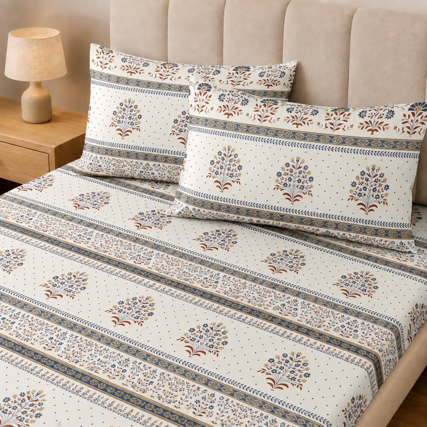 Double Bedsheet with 2 Pillow Covers Premium 240 TC 100% Cotton Feel ( King Size Ivory Blue 108x108 inch )