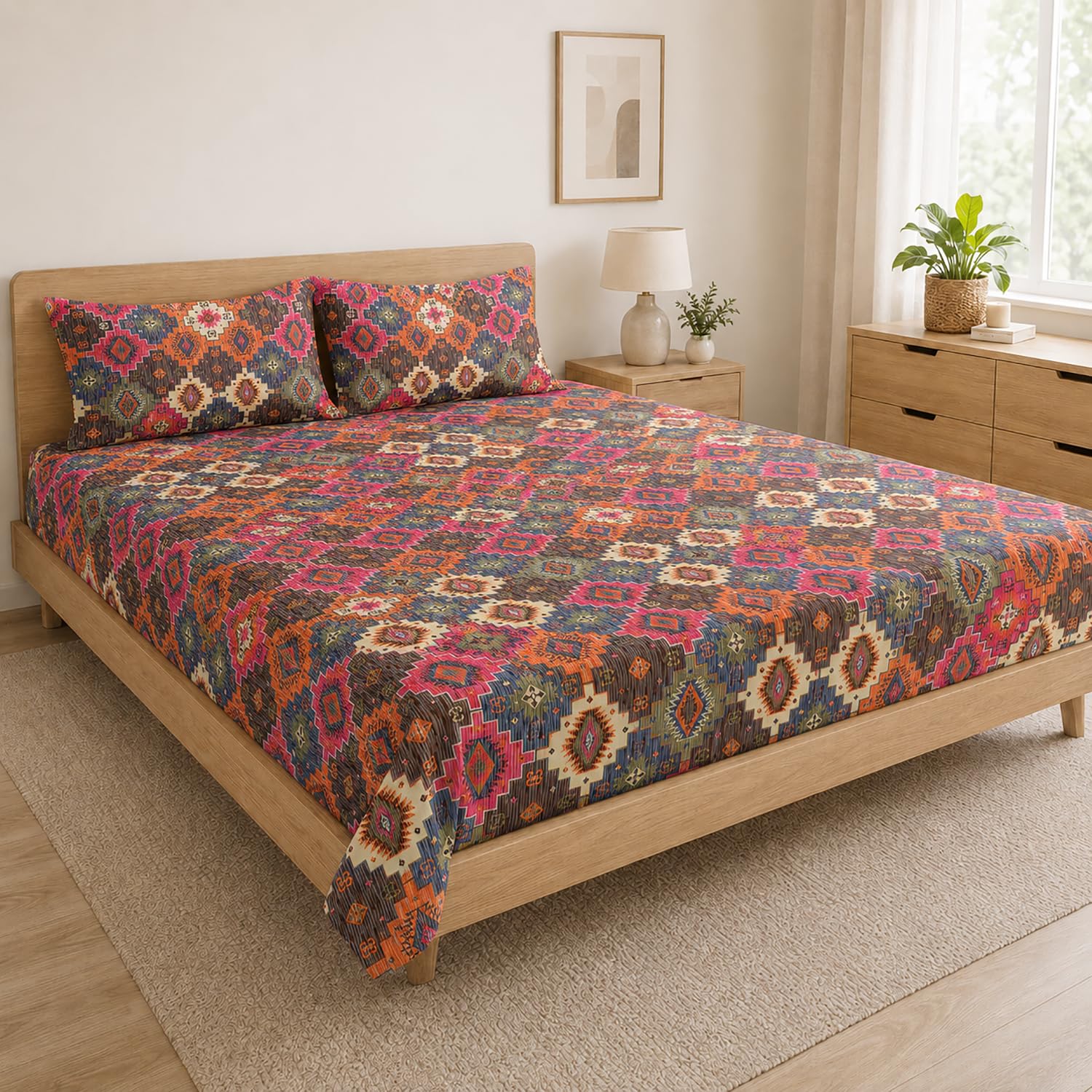 Double Bedsheet With 2 Pillow Covers Sky Kids Pattern 200 TC 100% Cotton Feel ( Queen Size 90x90 Inch Pink Set Of 3 )