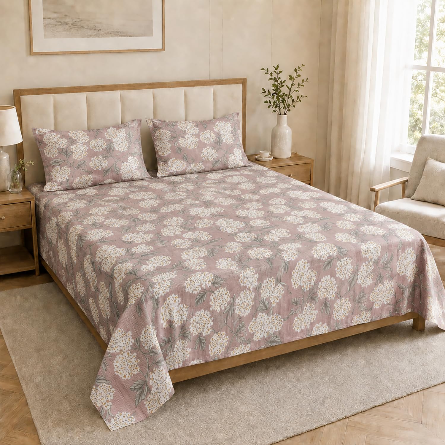 King Size Double Bedsheet with 2 Pillow Covers Premium Hydrangea Bloom Printed  90x100 inch