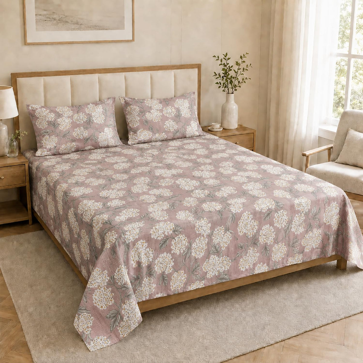 King Size Double Bedsheet with 2 Pillow Covers Premium Hydrangea Bloom Printed  90x100 inch