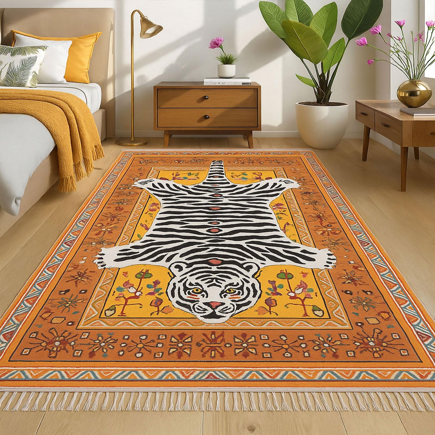 Polyester White Tiger Design Carpets with Tassel Latex Backing (4x6 ft, Multi)