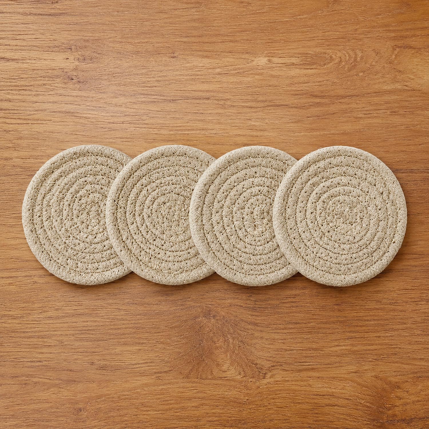 Cotton Braided Coasters Set Of 4 For (10x10cm, Beige)