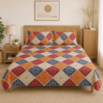 Double Bedsheet With 2 Pillow Covers Leefs Pattern 200 TC 100% Cotton Feel ( Queen Size 90x90 Inch Blue Set Of 3 )