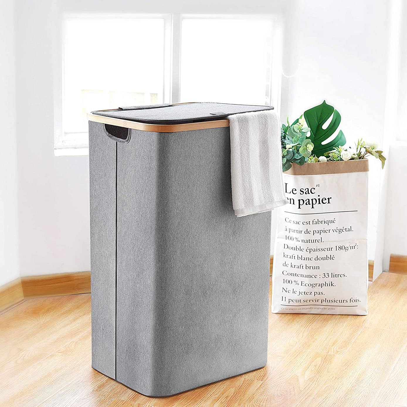 Tall Laundry Hamper with Bamboo Frame  (40L x 30W x 60H cm ,Grey)