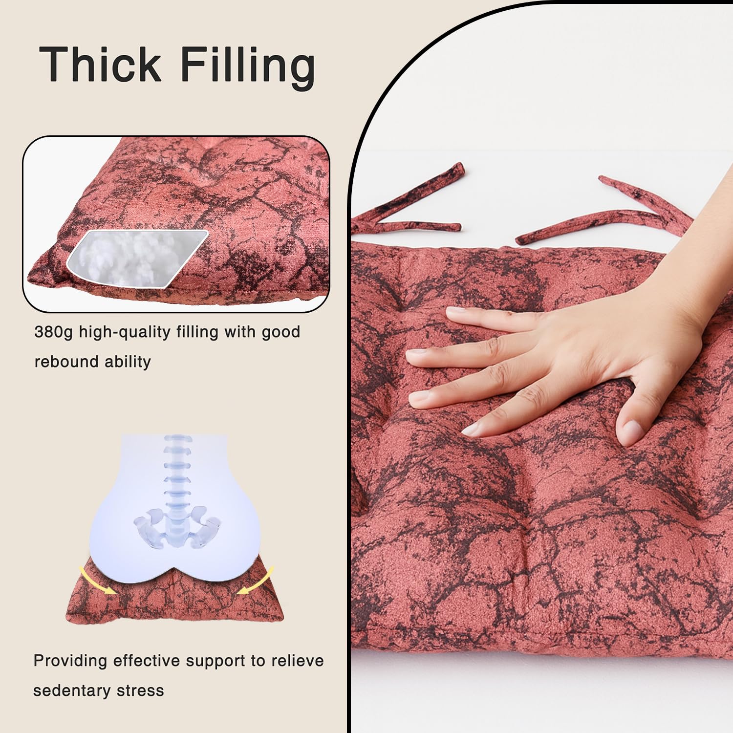 Polyester Chair Cushion Pad, Soft, Comfortable Back Support, Relaxing Backrest Pillow Cushions with Ties for Home, Office, Livingroom - (18x18 Inch, Red) Pack of 6