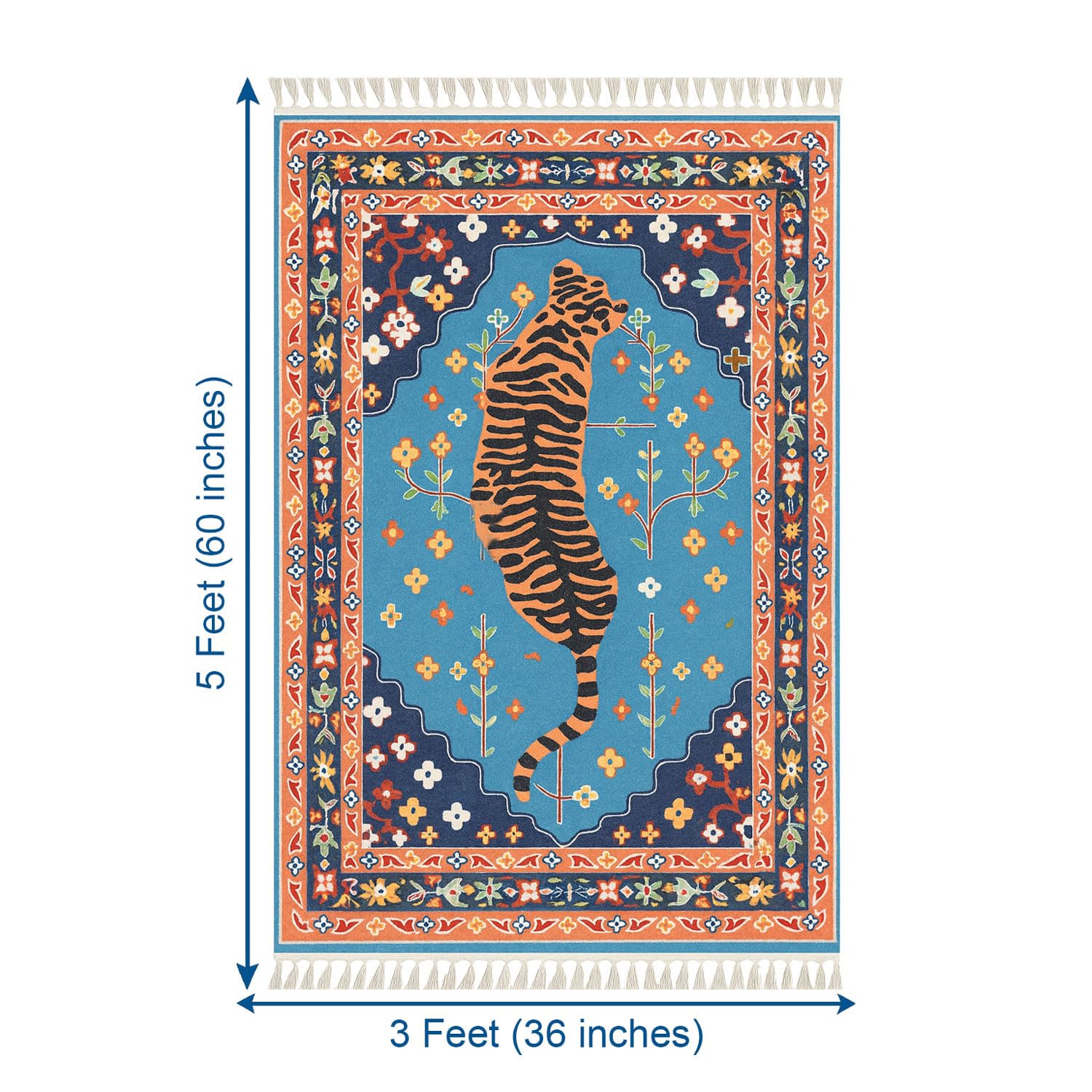 Polyester Blue Tiger Design Carpets with Tassel Latex Backing (3x5ft , Multi)
