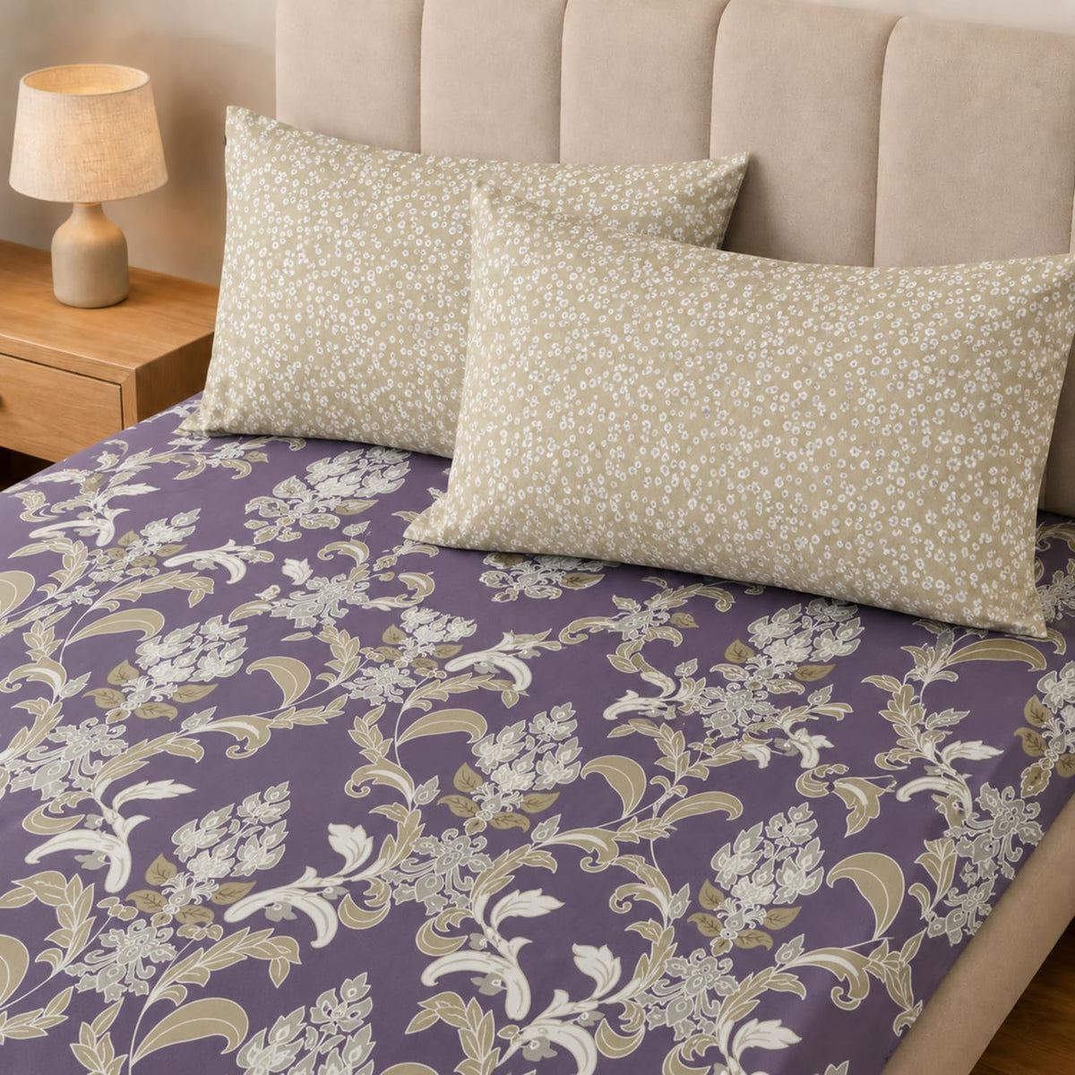 King Size Double Bedsheet with 2 Pillow Covers Premium Royal Mauve Damask Printed 90x100inch
