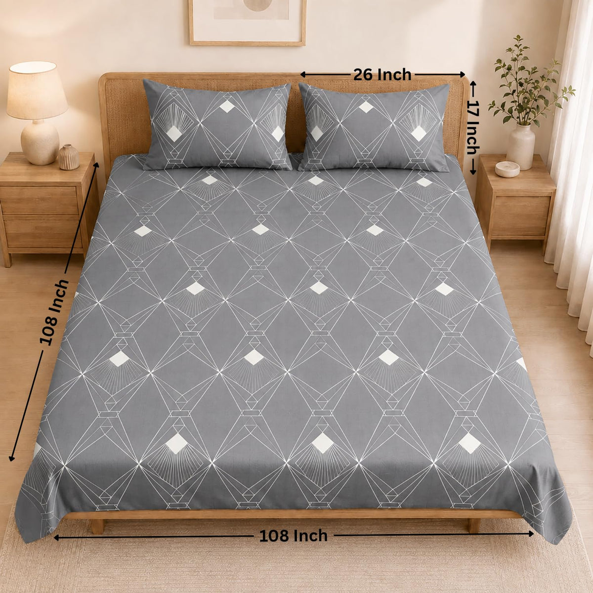 Double Bedsheet with 2 Pillow Covers Premium 240 TC 100% Cotton Feel ( Grey 108x108 inch )