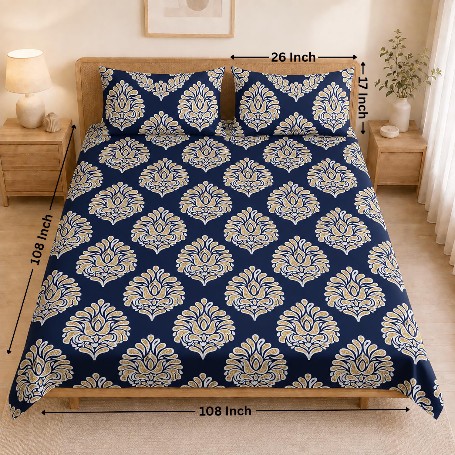 King Size Double Bedsheet with 2 Pillow Covers Premium Floral Buta Printed 108x108 inch