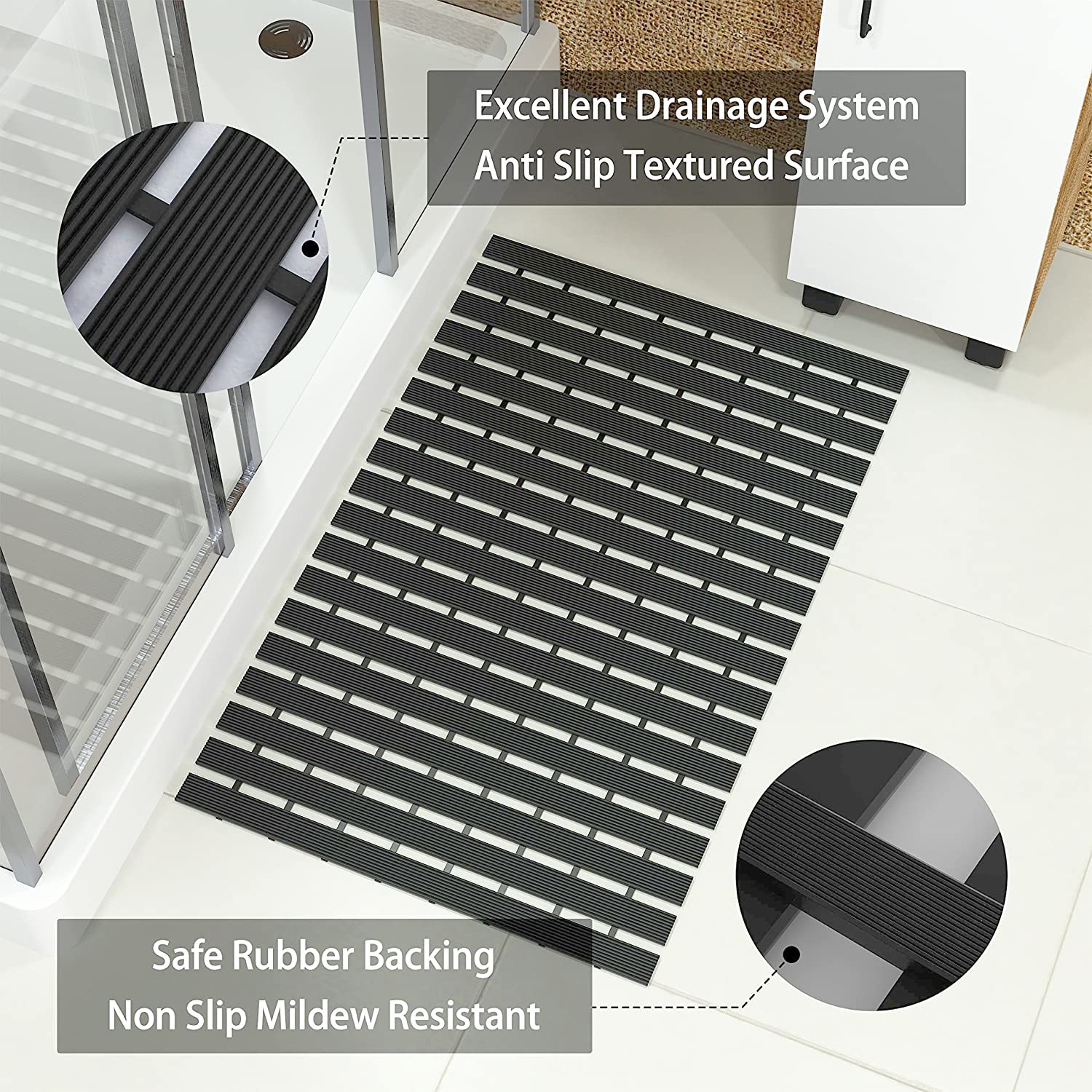 Shower Mat for bathroom Anti Slip (Black, 17x24 Inch)