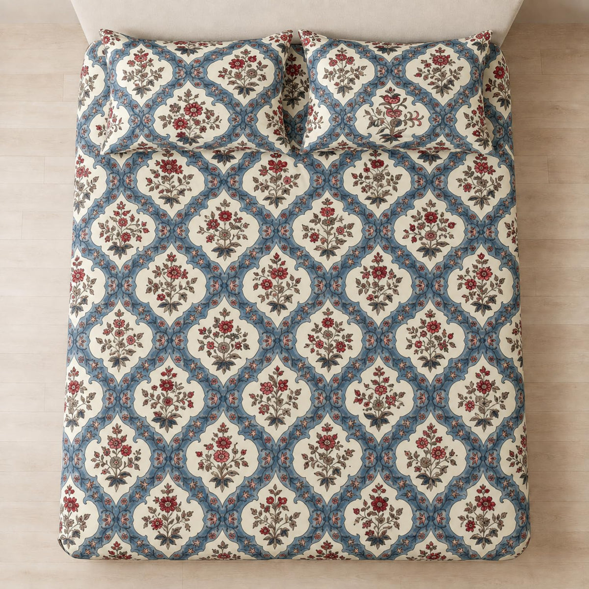 Double Bedsheet with 2 Pillow Covers 220 TC 100% Cotton Feel ( King Size Blue 90x100 inch )