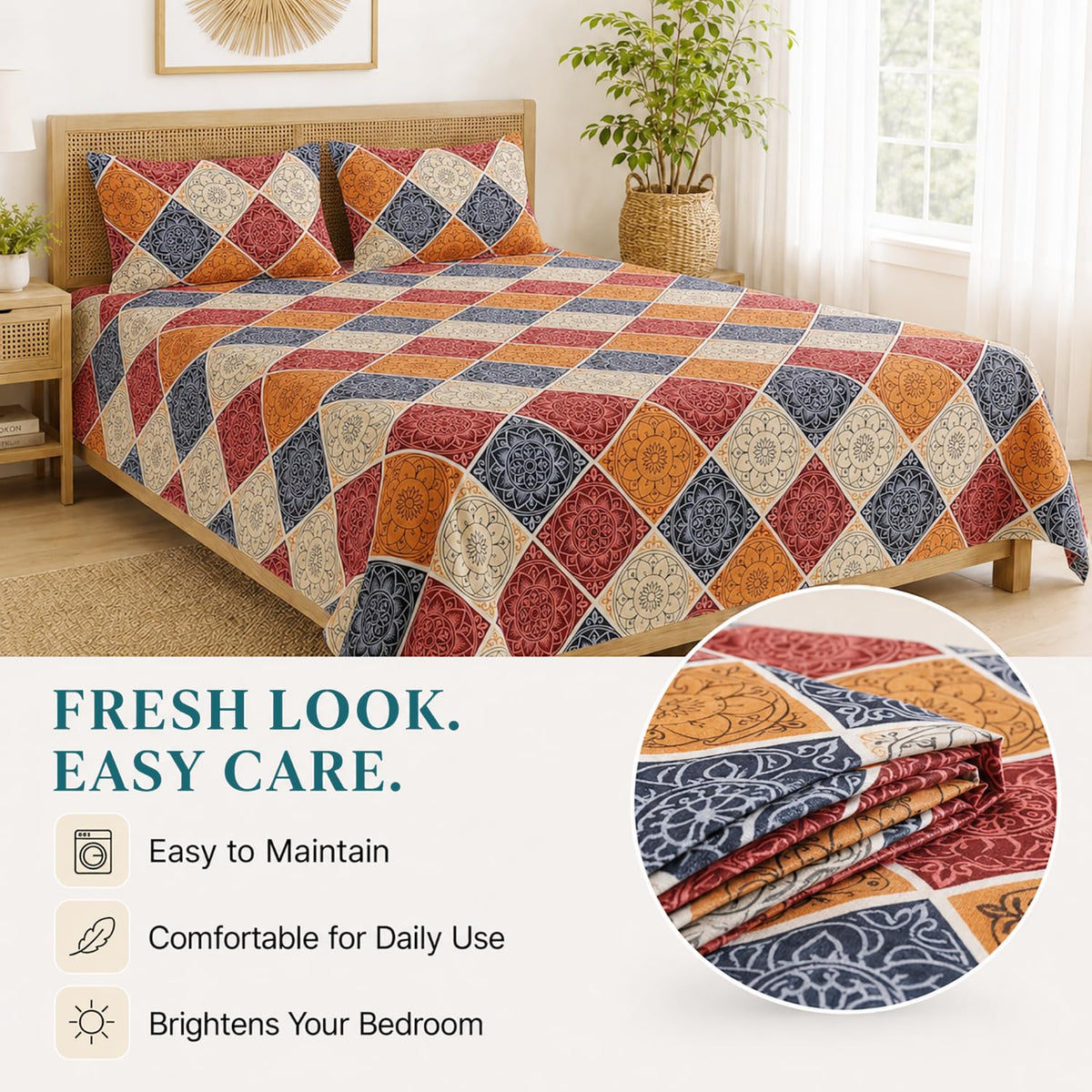 Queen Size Double Bedsheet With 2 Pillow Covers Leefs Pattern 90x90 Inch