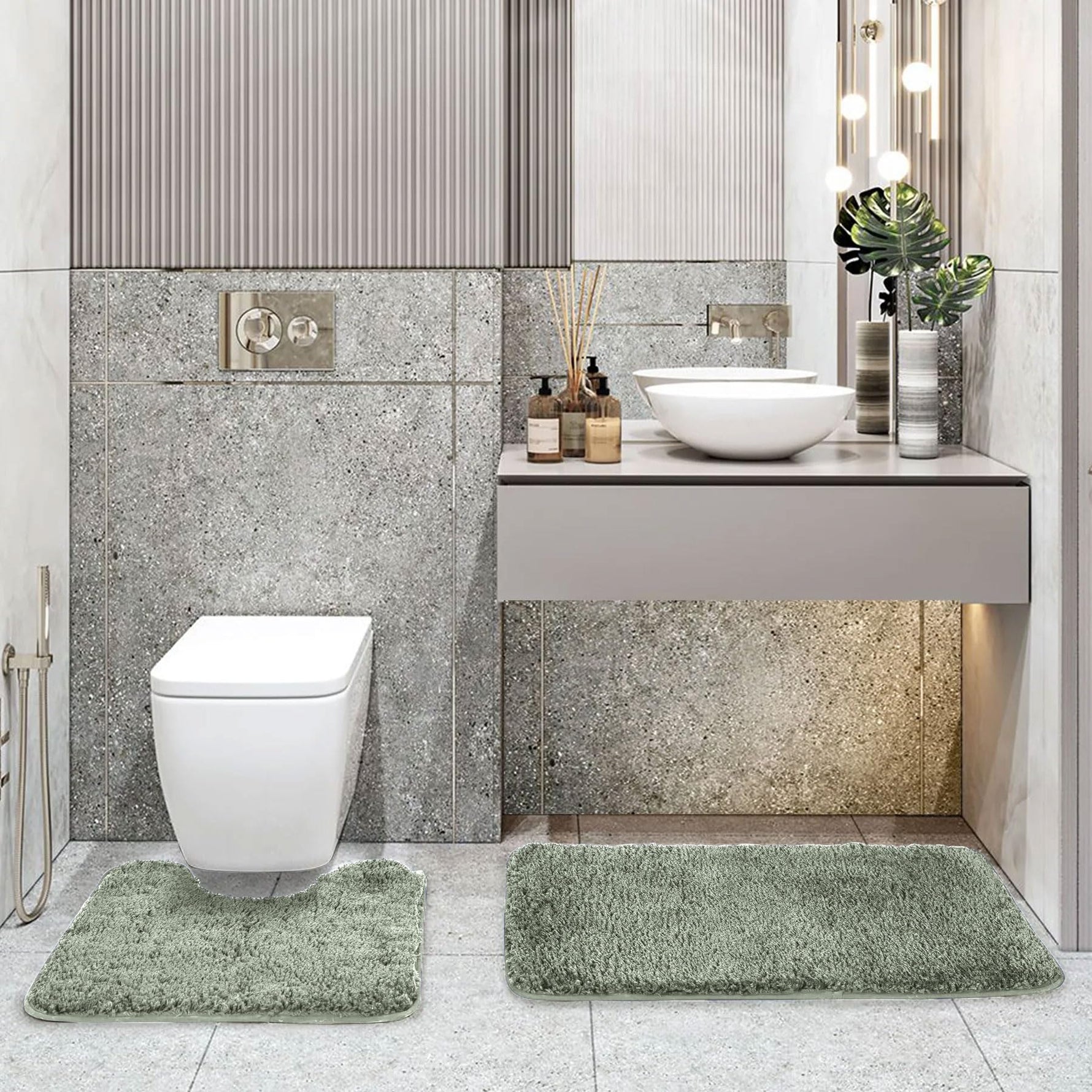 Polyester Contour Bath Mat Set (Pastel Green , 45x 75 cm & 40x45)