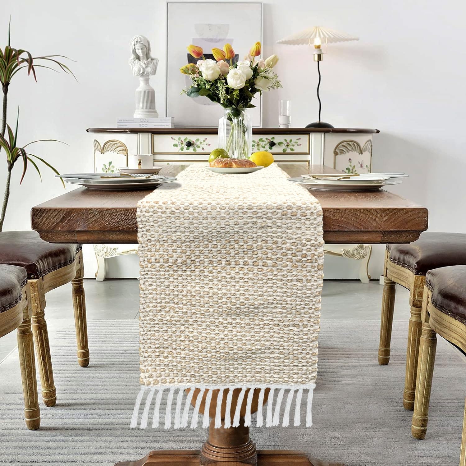 Table Runner with Tassels Honeycomb (Elegant Beige & White Woven  13 x 74 Inch)
